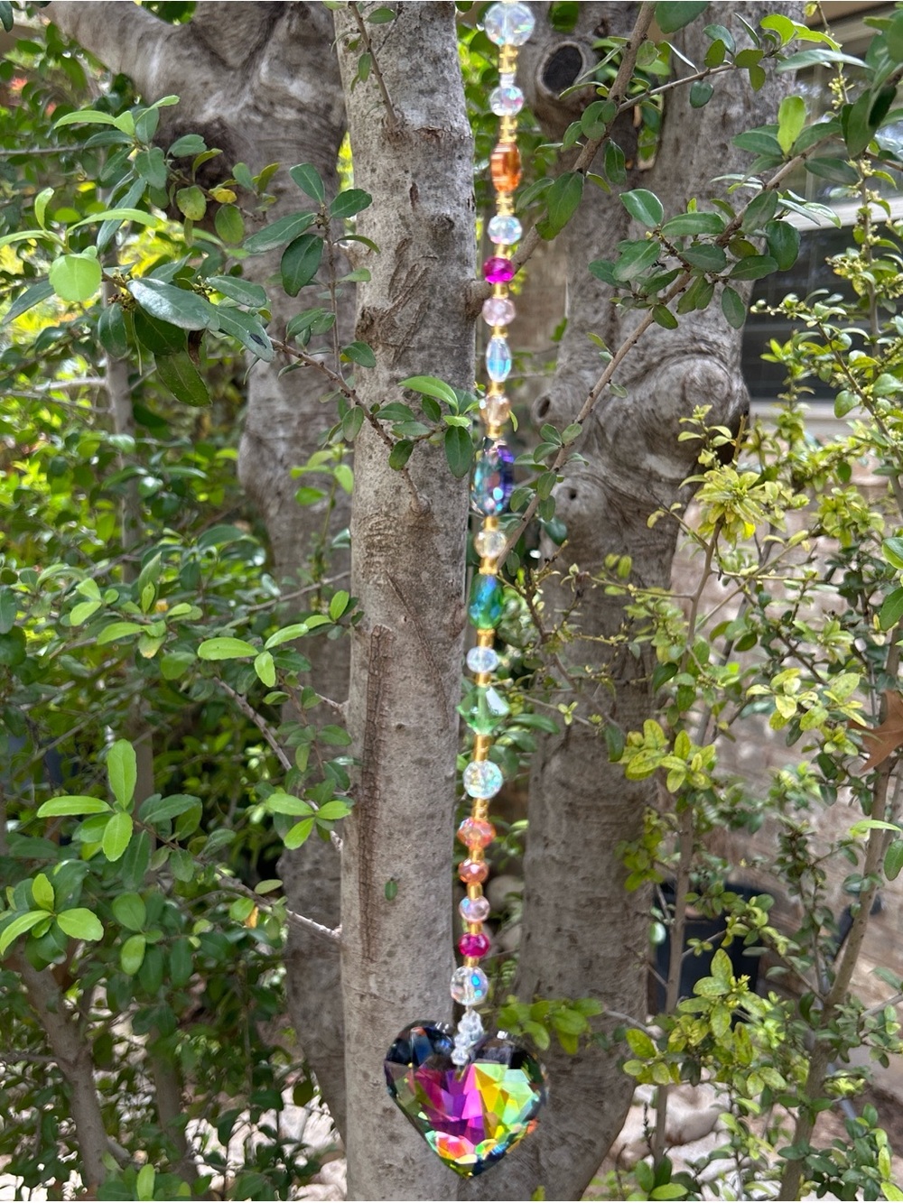 16.5” handmade rainbow Crystal beaded strand suncatcher with mystic heart prism